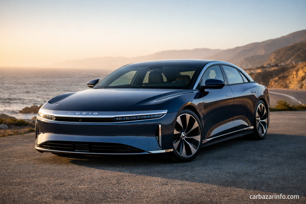 Lucid Air electric car luxury EV with sleek design parked on coastal road