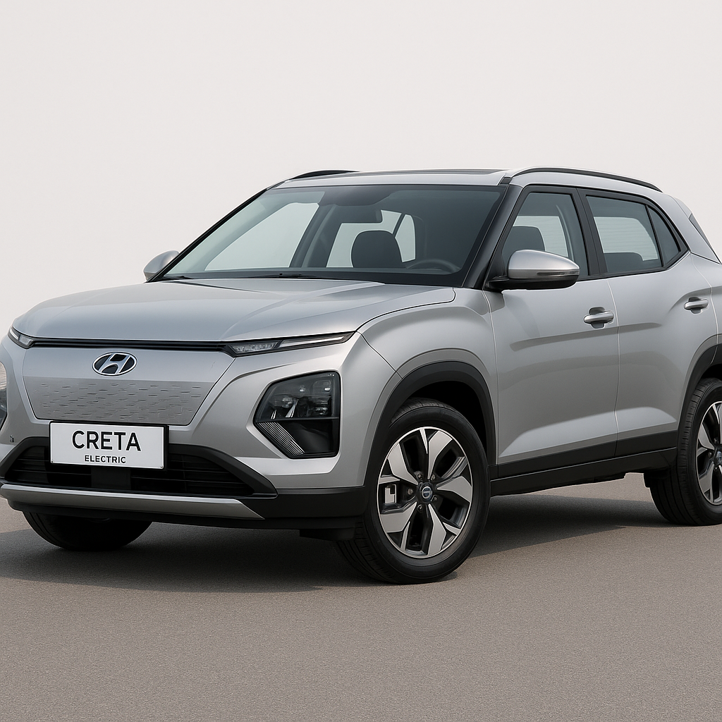 Hyundai Creta EV का क्लियर फ्रंट और साइड व्यू, हल्के सफेद और साफ़ सड़क वाले बैकग्राउंड के साथ