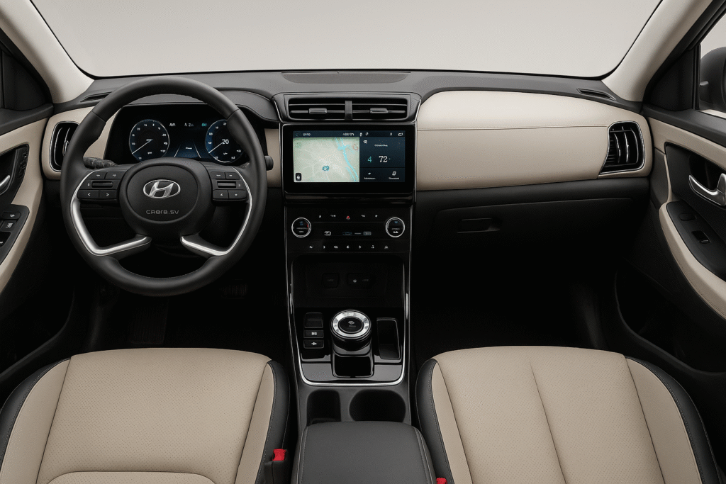 Close-up image of Hyundai Creta EV’s interior showcasing premium dashboard design and clean cabin layout