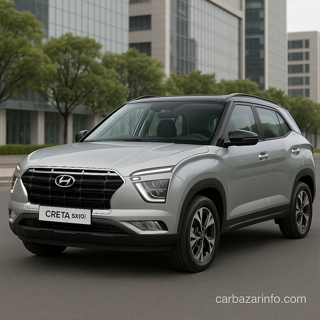 Hyundai Creta SX (O) SUV का फ्रंट 3-क्वार्टर व्यू, सिटी रोड बैकग्राउंड के साथ