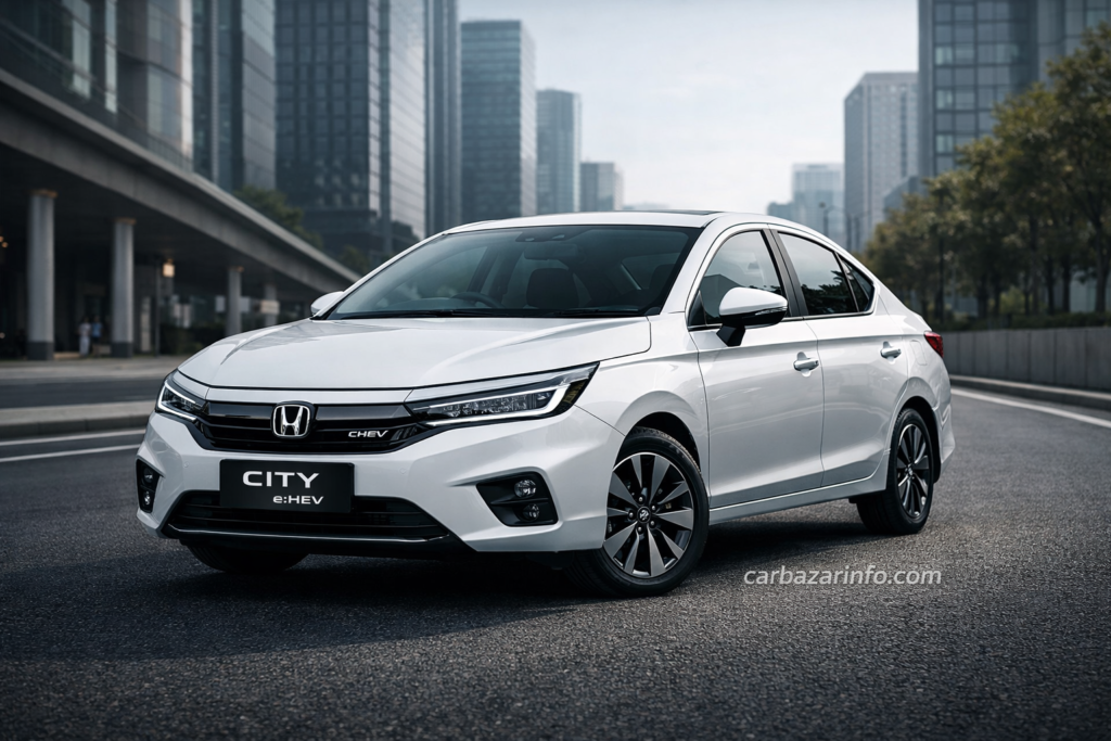 Honda City Hybrid 2025 front three quarter view hybrid sedan exterior design India