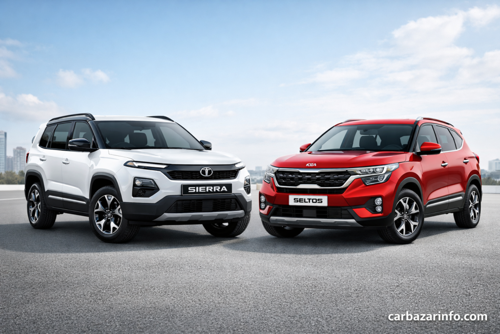 Tata Sierra aur Kia Seltos side by side comparison image front 3 quarter view