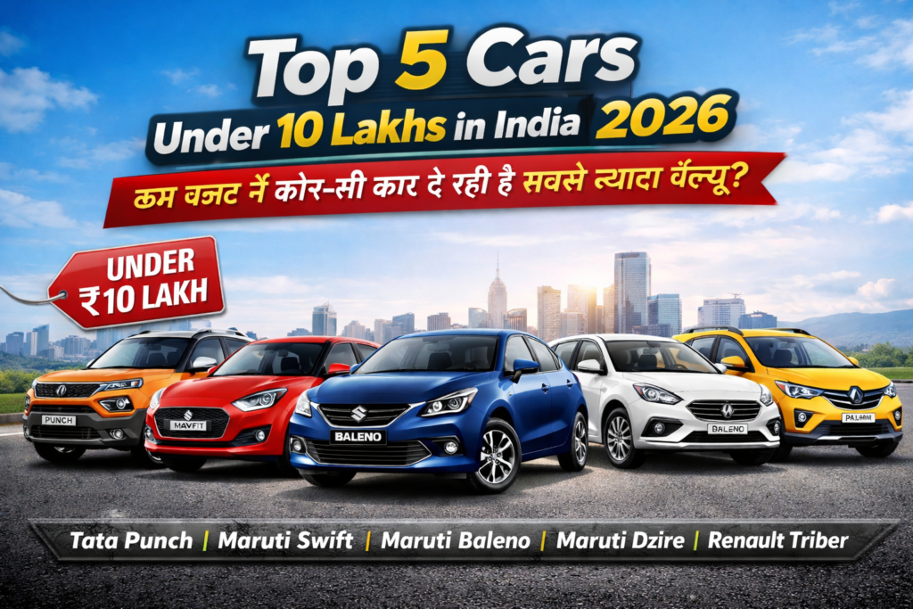 Top 5 Cars Under 10 Lakhs in India 2026 featuring Tata Punch, Maruti Swift, Baleno, Dzire and Renault Triber