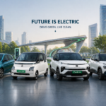 Tata Tiago EV, MG Comet EV, Tata Punch EV और Citroen eC3 electric cars futuristic city background में